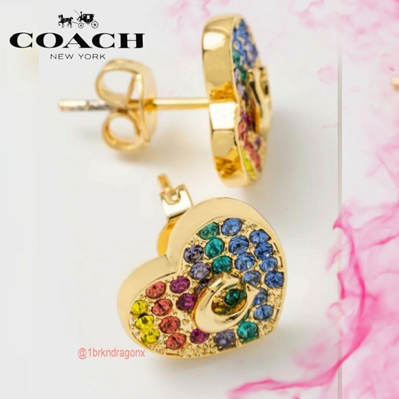NWT NWB Coach Heart Earrings Paved Rainbow Heart Gold Multicolor Rainbow Sparkle - Picture 13 of 13